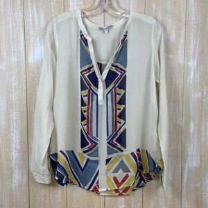Red Haute 100% Silk Long Sleeve Cream Colorful Blouse Size Large Sheer Tribal